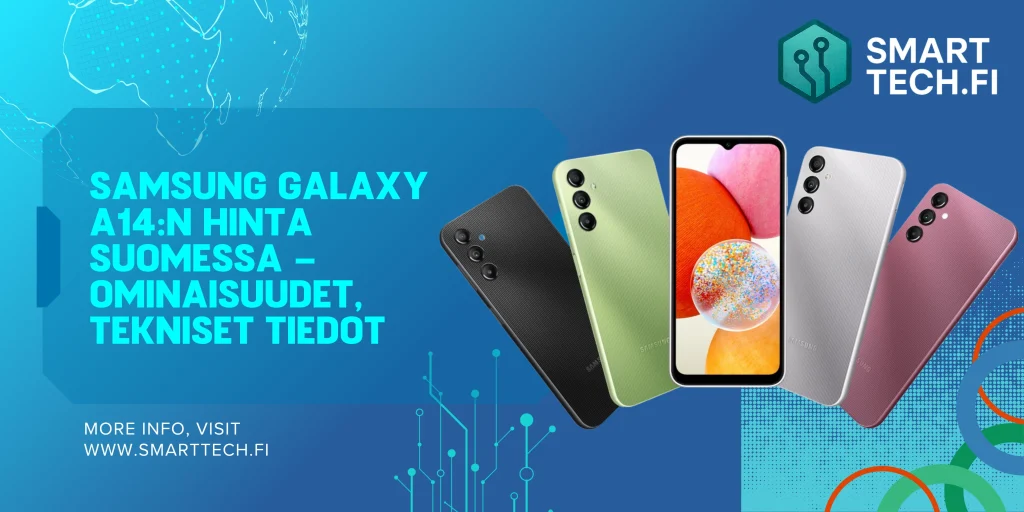 Samsung Galaxy A14 -arvostelu: Ominaisuudet, hinta ja tekniset tiedot Samsung Galaxy A14 -älypuhelin sinisellä taustalla.